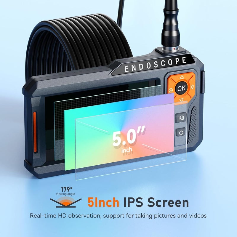 GinoCaco Triple Lens 5" IPS Borescope Inspection Camera, 1080P Digital Video Endoscope with Light, Waterproof Scope Camera with 16.5FT Semi-Rigid Cable, Drain Pipe Tool, Carrying Case, 32G Card - Image 3